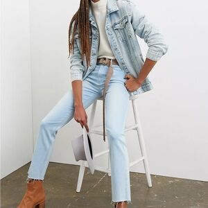 PAIGE Cindy Ultra High Rise Slim Straight Jeans 25 Light Wash Raw Hem